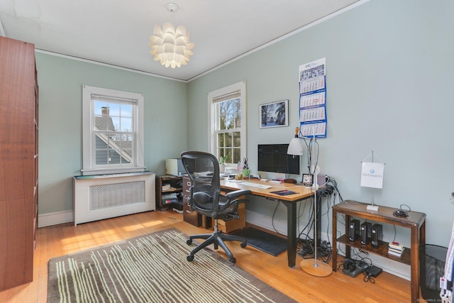 office area with baseboards, ornamental molding, light wood-style flooring, and radiator