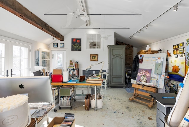 misc room with lofted ceiling with beams, concrete floors, ceiling fan, track lighting, and french doors