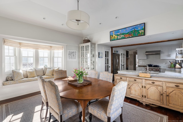 dining space with sink and dark hardwood / wood-style floors