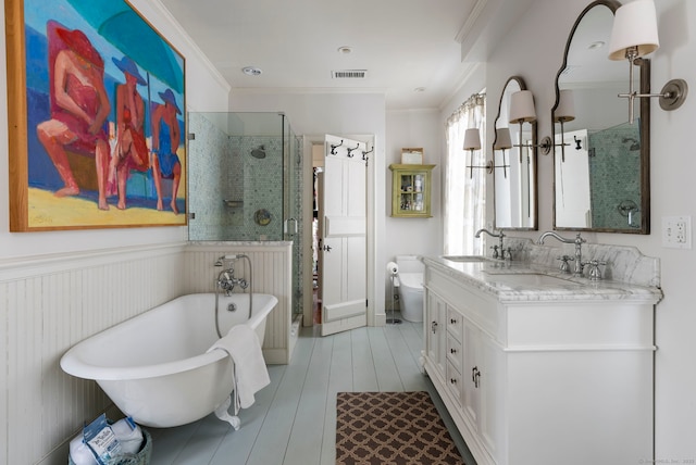 4 Main St, Salisbury, CT 06068 - bathroom with a shower stall, a soaking tub, double vanity, and crown molding