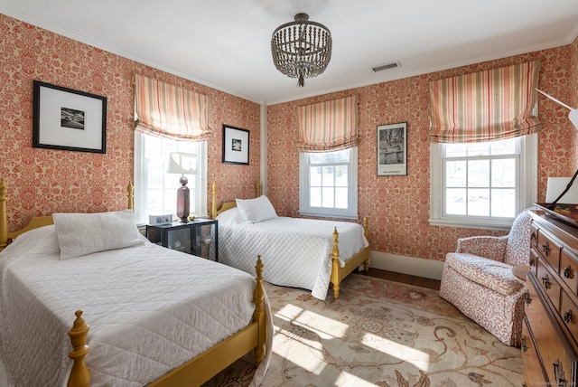 4 Main St, Salisbury, CT 06068 - bedroom featuring wallpapered walls, a chandelier, and ornamental molding