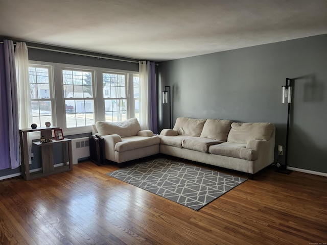 living room featuring wood-type flooring and radiator