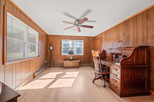 office space with ceiling fan, wooden walls, and light hardwood / wood-style floors