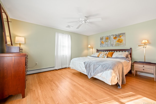 bedroom featuring ceiling fan, a baseboard radiator, and wood-type flooring