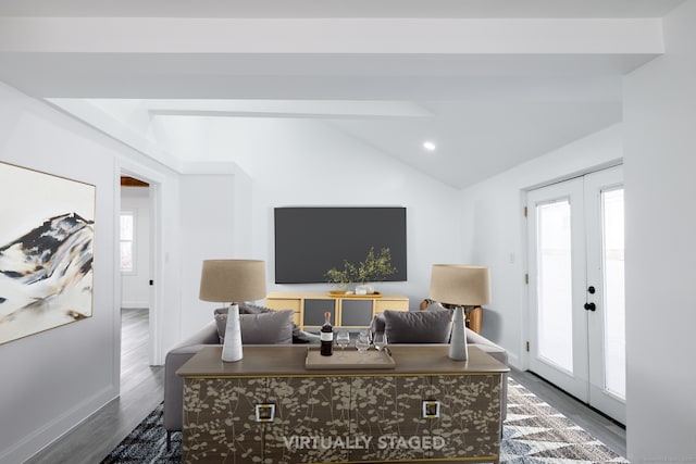 office space with vaulted ceiling with beams, dark wood-type flooring, and french doors