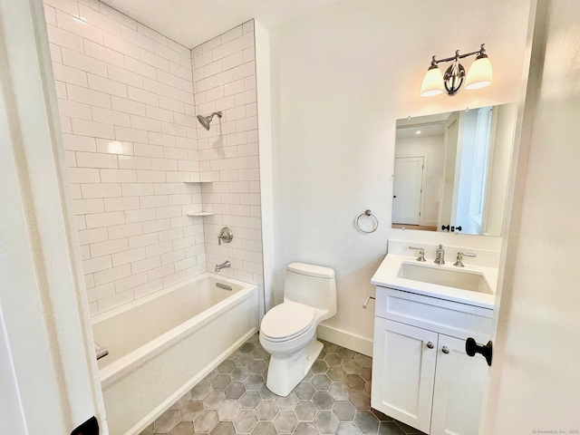 full bathroom with vanity, toilet, tiled shower / bath combo, and tile patterned flooring