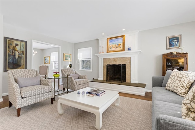 living room featuring a high end fireplace and light hardwood / wood-style floors