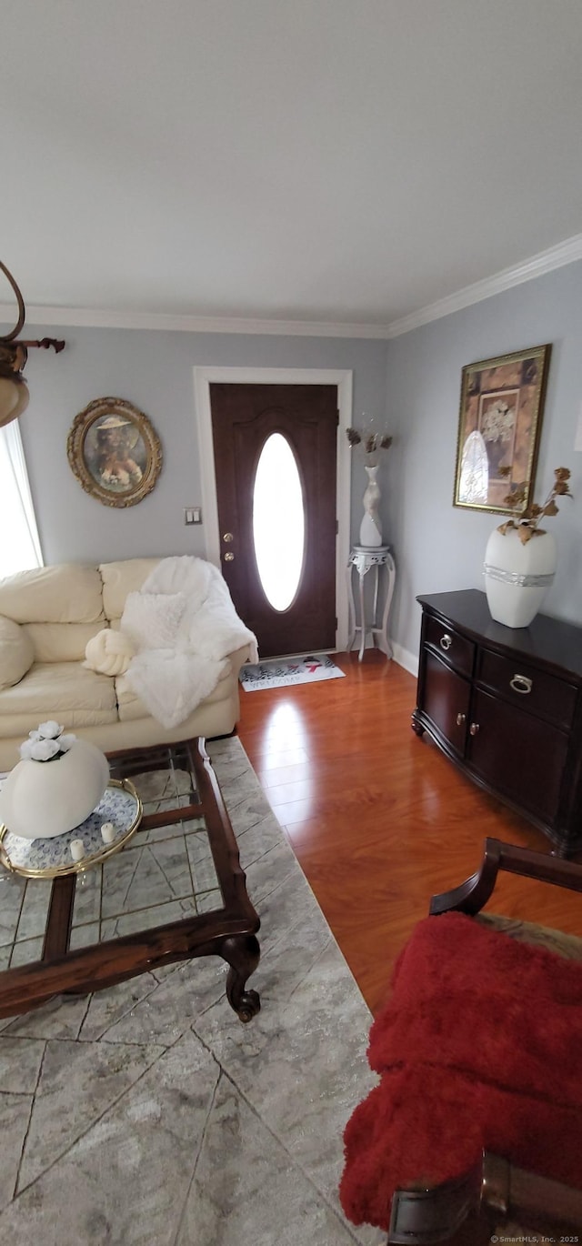 entrance foyer featuring hardwood / wood-style floors and ornamental molding