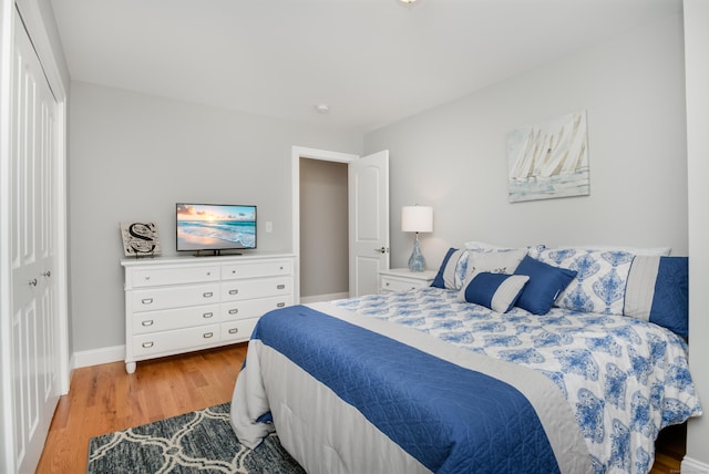 bedroom with hardwood / wood-style flooring and a closet