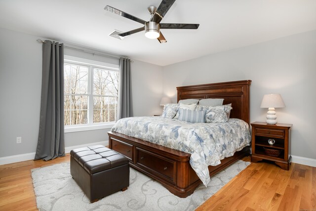 bedroom featuring ceiling fan and light hardwood / wood-style floors