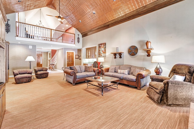 24 Brierwood Dr, Orange, CT 06477 - carpeted living room featuring stairs and a high ceiling