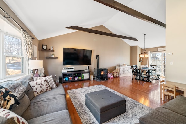 living room featuring hardwood / wood-style flooring, beamed ceiling, a healthy amount of sunlight, and a wood stove