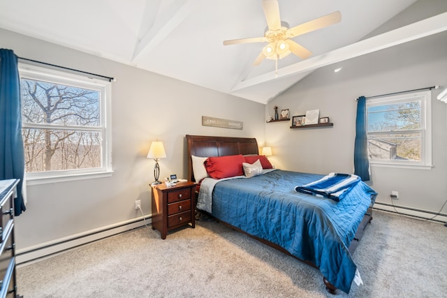 carpeted bedroom featuring ceiling fan, a baseboard radiator, and vaulted ceiling with beams