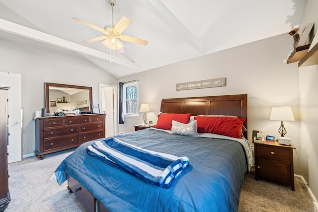 bedroom with lofted ceiling with beams, light carpet, and ceiling fan