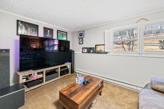 living room with a baseboard radiator, ornamental molding, and carpet flooring