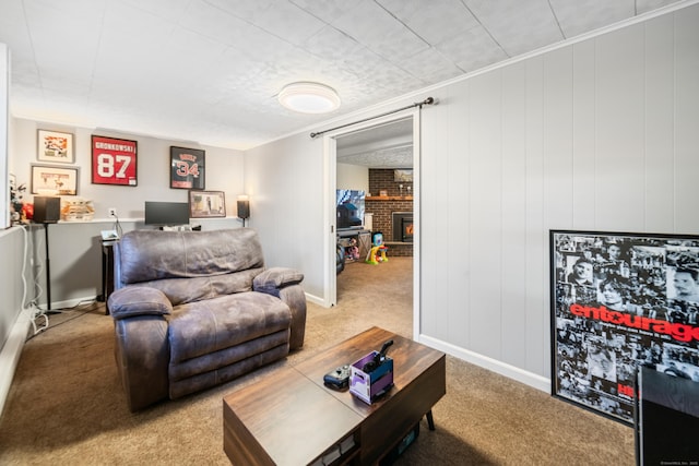 living room featuring a brick fireplace and light carpet