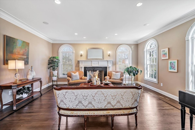 living room featuring baseboards, dark wood-style floors, and ornamental molding