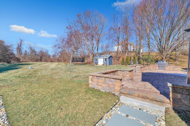 view of yard featuring an outdoor structure and a patio area