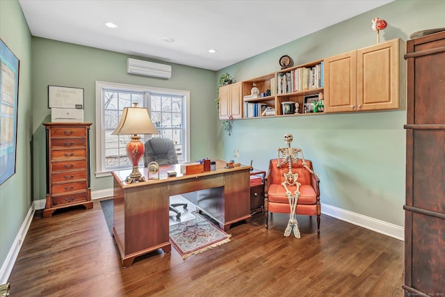 home office with recessed lighting, baseboards, a wall mounted AC, and dark wood-type flooring