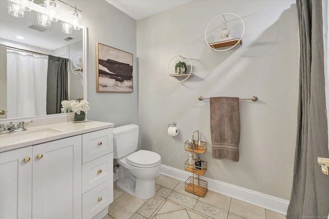 full bathroom featuring visible vents, baseboards, toilet, tile patterned floors, and vanity