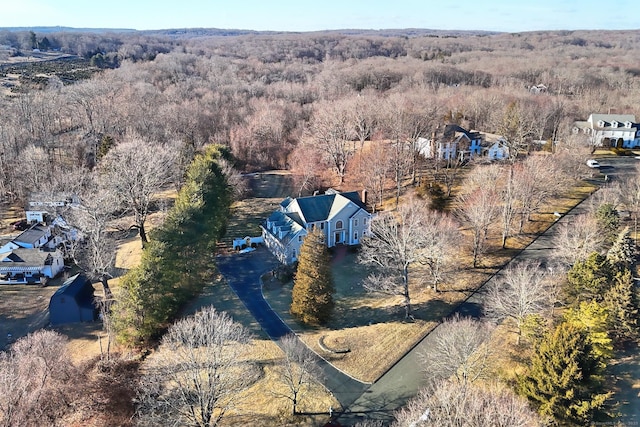 bird's eye view with a wooded view