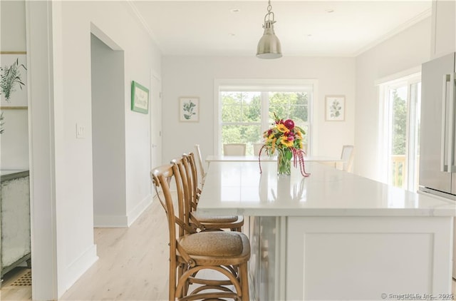 dining space featuring ornamental molding, light wood-type flooring, and a wealth of natural light