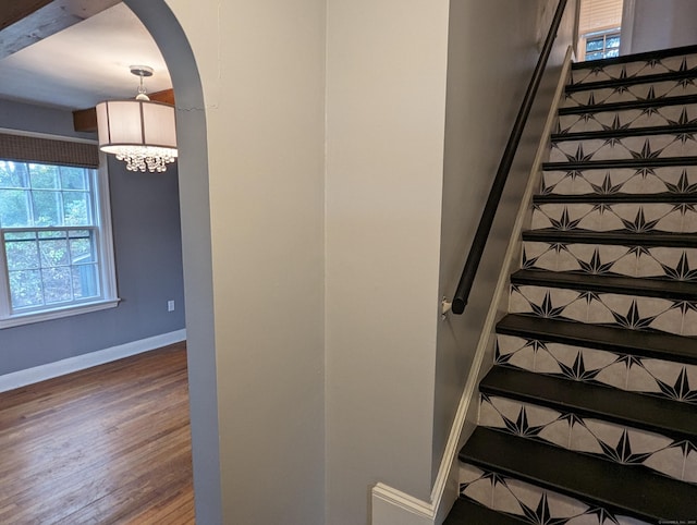 stairway featuring wood-type flooring, a chandelier, and a wealth of natural light