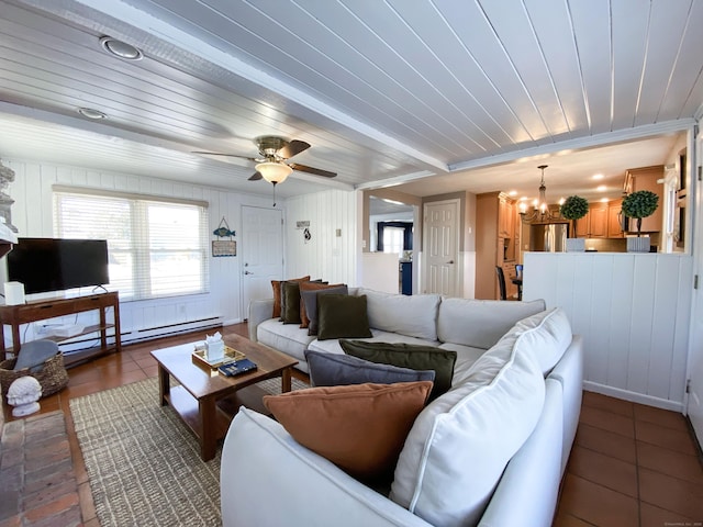 living room with ceiling fan with notable chandelier, wooden ceiling, and baseboard heating