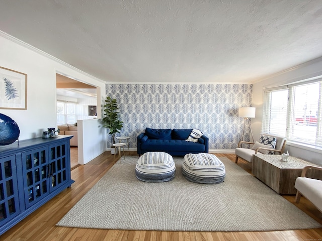 living room with hardwood / wood-style floors, ornamental molding, and a textured ceiling