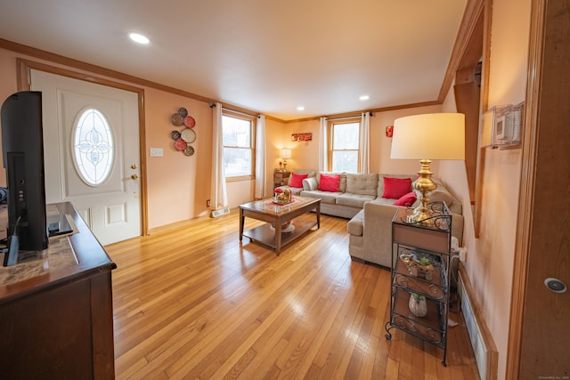 living room featuring crown molding and light hardwood / wood-style flooring