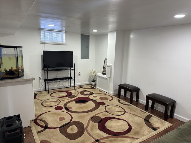 interior space featuring electric panel and hardwood / wood-style floors