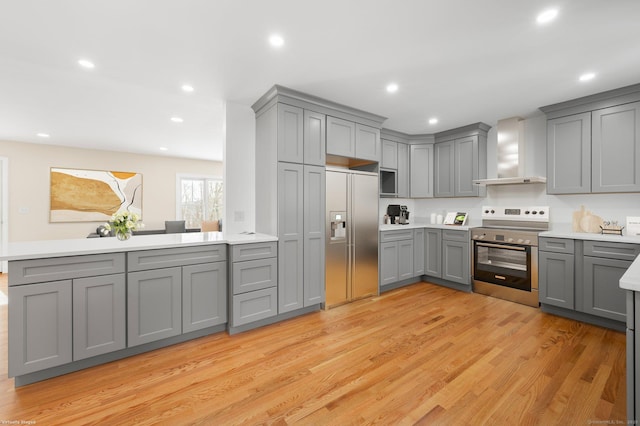 kitchen featuring wall chimney range hood, gray cabinets, appliances with stainless steel finishes, kitchen peninsula, and light wood-type flooring