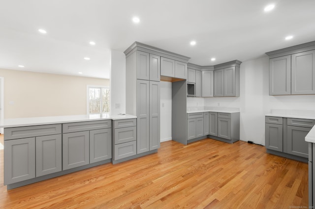 kitchen featuring gray cabinets, light hardwood / wood-style flooring, and kitchen peninsula