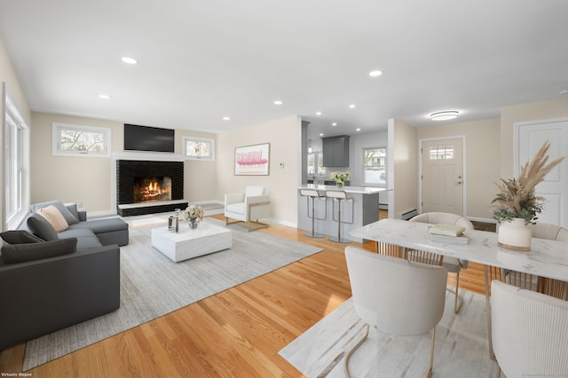 living room with light hardwood / wood-style flooring and a baseboard heating unit