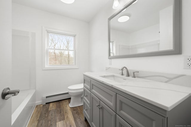 bathroom featuring vanity, wood-type flooring, toilet, and baseboard heating