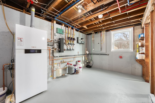 basement with electric panel and heating unit