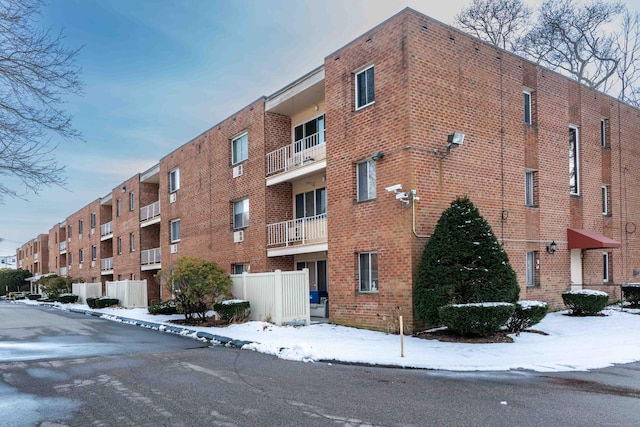 view of snow covered building