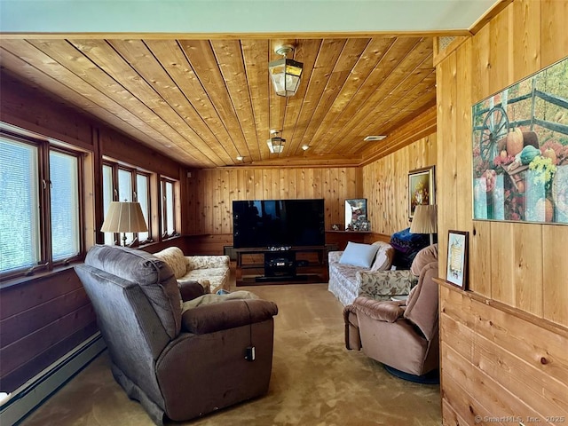 62 Rte 6n Rte, Carmel, NY 10541 - carpeted living room featuring wood ceiling, wood walls, and baseboard heating