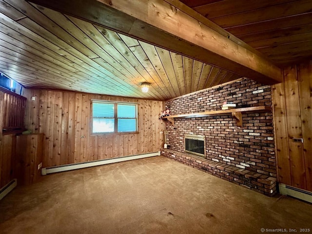 62 Rte 6n Rte, Carmel, NY 10541 - unfurnished living room with carpet floors, a baseboard radiator, wood ceiling, and wooden walls