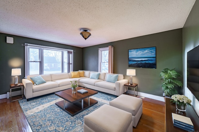 living room featuring hardwood / wood-style flooring and a textured ceiling