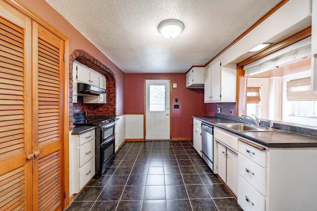 kitchen featuring sink, double oven range, a textured ceiling, white cabinets, and stainless steel dishwasher