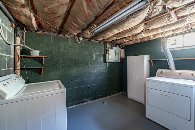 laundry area with electric panel and washer and clothes dryer