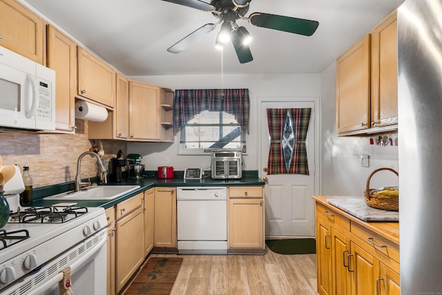 kitchen featuring sink, white appliances, ceiling fan, light hardwood / wood-style floors, and backsplash