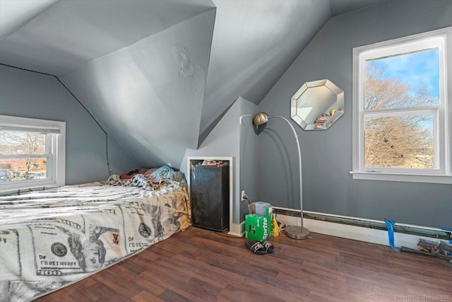 bedroom featuring vaulted ceiling and dark hardwood / wood-style flooring