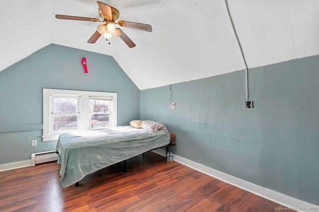 bedroom featuring ceiling fan, lofted ceiling, dark hardwood / wood-style flooring, and a baseboard heating unit