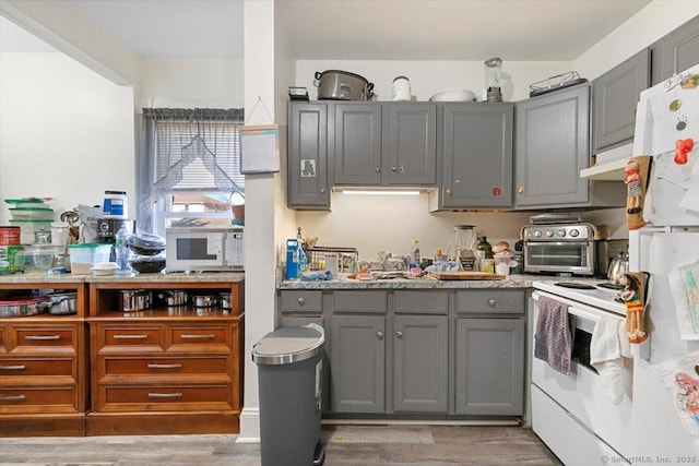 kitchen with gray cabinetry, sink, white appliances, and light hardwood / wood-style flooring