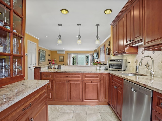 kitchen featuring a sink, backsplash, stainless steel dishwasher, a wall unit AC, and a peninsula