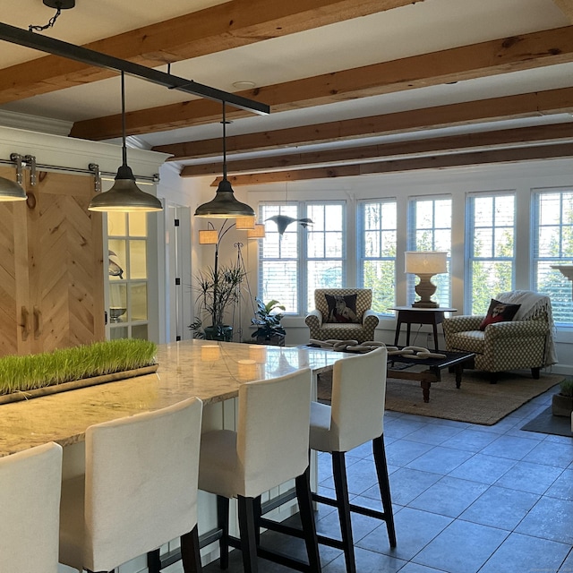 44 Brook St, Groton, CT 06340 - dining room featuring beamed ceiling and light tile patterned floors