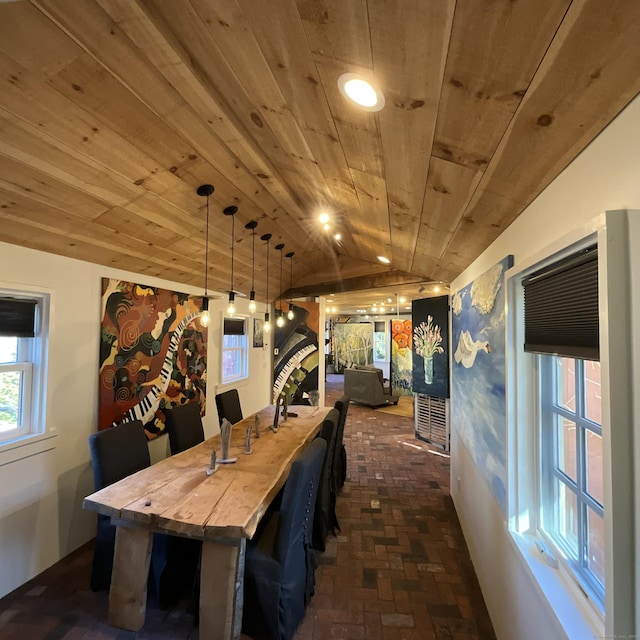 44 Brook St, Groton, CT 06340 - dining area featuring brick floor, wood ceiling, and vaulted ceiling