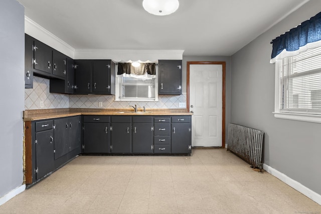 kitchen featuring sink, radiator heating unit, and decorative backsplash